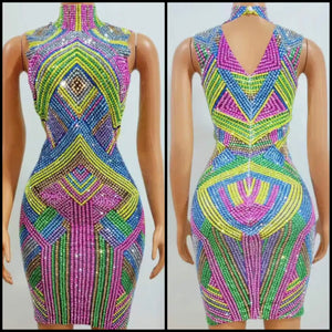 Women Sexy Sleeveless Multicolored Rhinestone Dress