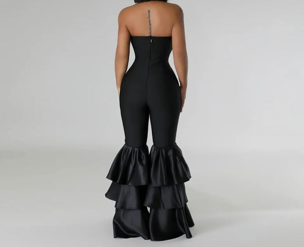 Women Black Sexy Strapless Ruffled Wide Leg Jumpsuit