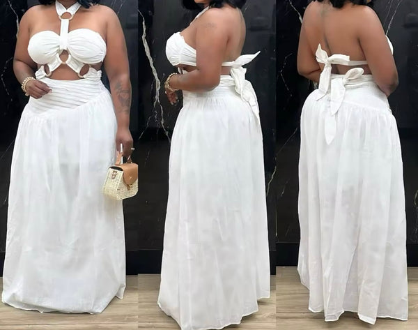 Women White Halter Sleeveless Sexy Two Piece Maxi Skirt Set