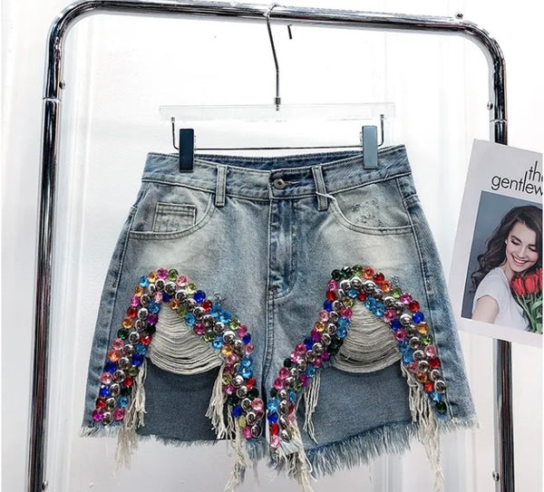 Women Fashion Ripped Colorful Rhinestone Denim Shorts