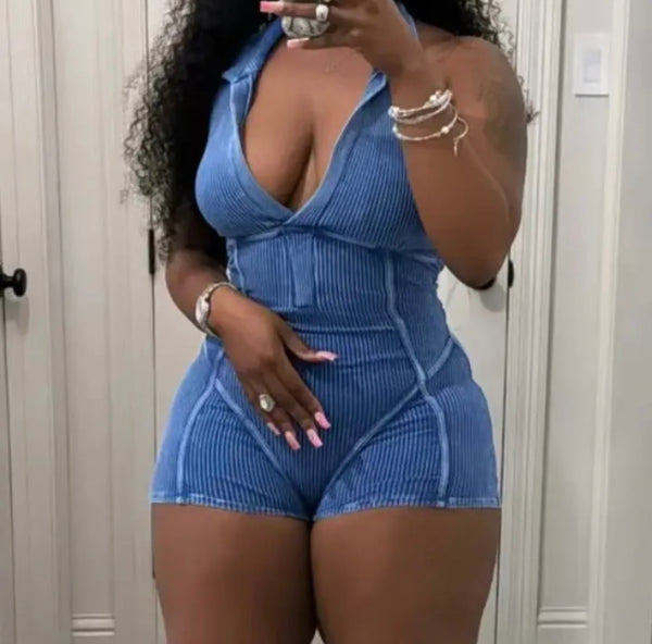Women Fashion Ribbed Sleeveless Solid Color Romper