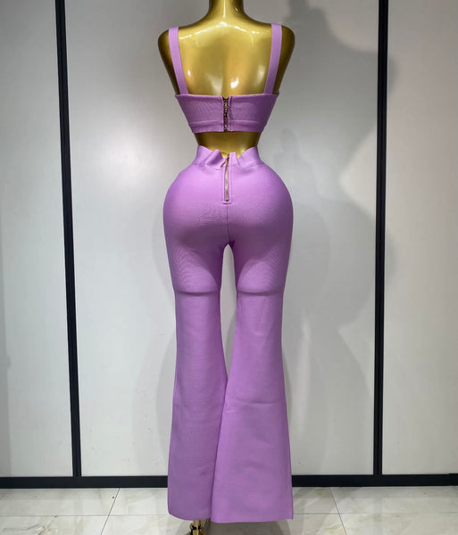 Women Color Sleeveless Sexy Crop Two Piece Pant Set