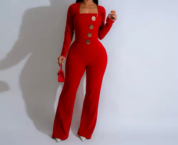 Women Color Button Full Sleeve Fashion Jumpsuit