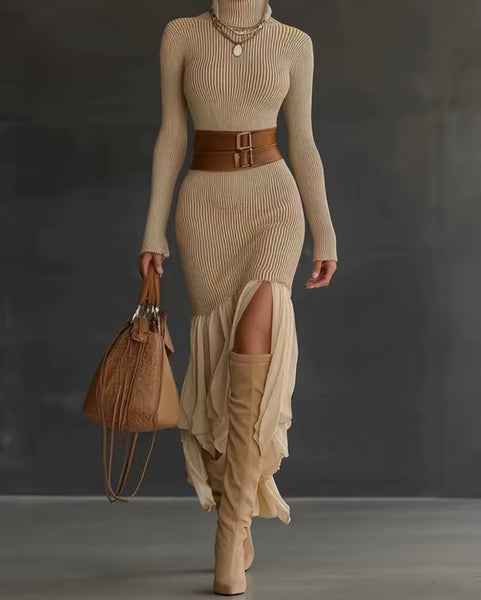 Women Sexy Turtleneck Ribbed Full Sleeve Ruffled Maxi Dress