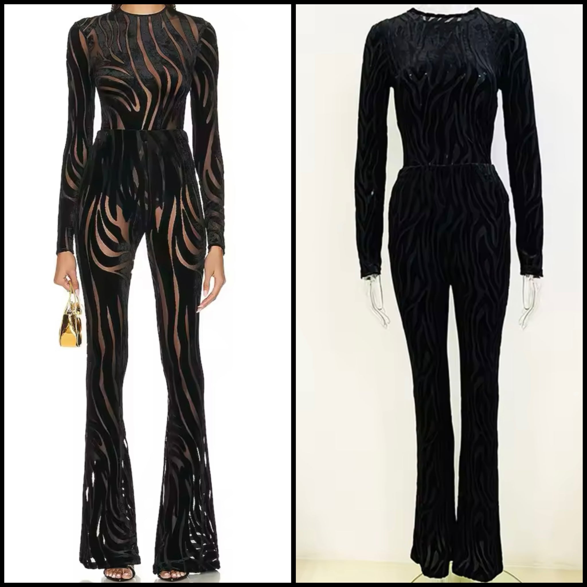 Women Sexy Black Printed See Through Bodysuit Two Piece Pant Set