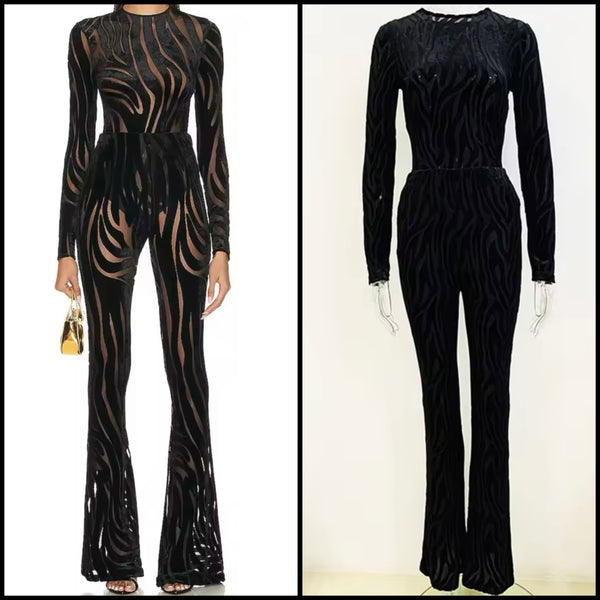 Women Sexy Black Printed See Through Bodysuit Two Piece Pant Set