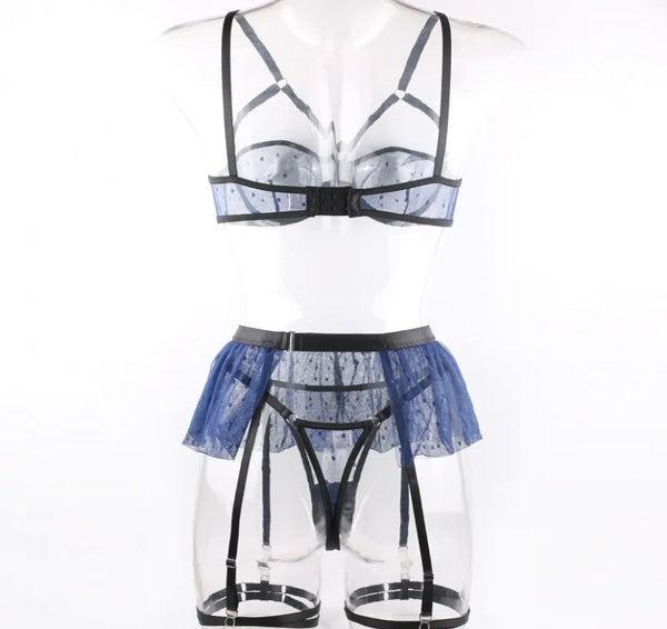 Women Sexy Blue Mesh Lingerie Set