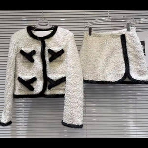 Women Fashion White/Black Full Sleeve Blazer Two Piece Skirt Set