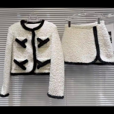 Women Fashion White/Black Full Sleeve Blazer Two Piece Skirt Set