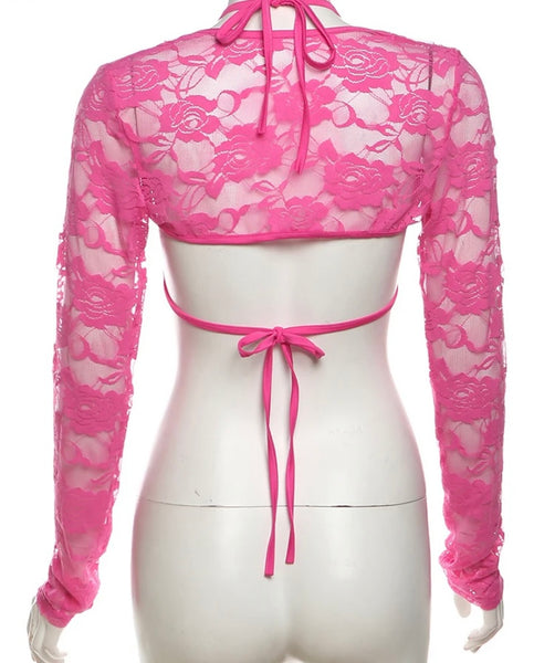 Women Sexy Cut Out Tie Up Three Piece Lace Pant Set