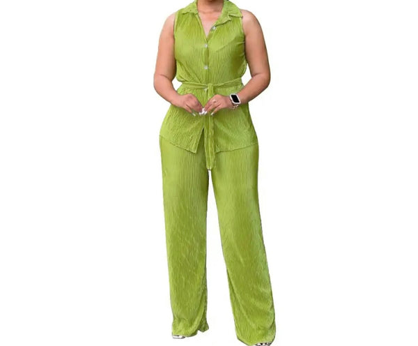 Women Button Up Sleeveless Solid Color Two Piece Pant Set