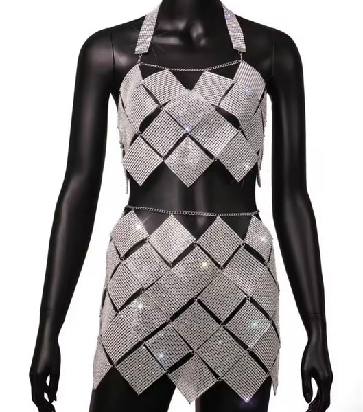 Women Sexy Halter Sleeveless Open Back Bling Two Piece Skirt Set
