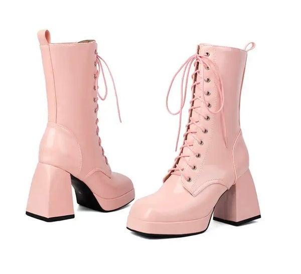 Women Fashion Lace Up Patent Leather Ankle Boots