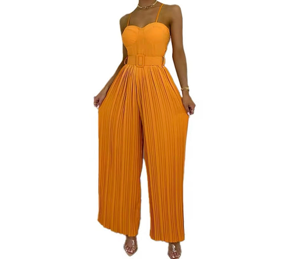 Women Sleeveless Solid Color Fashion Pleated Jumpsuit