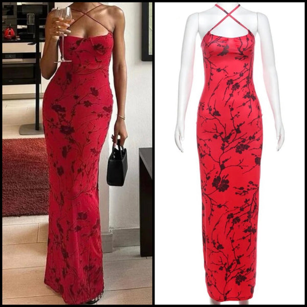 Women Sexy Sleeveless Red Printed Maxi Dress