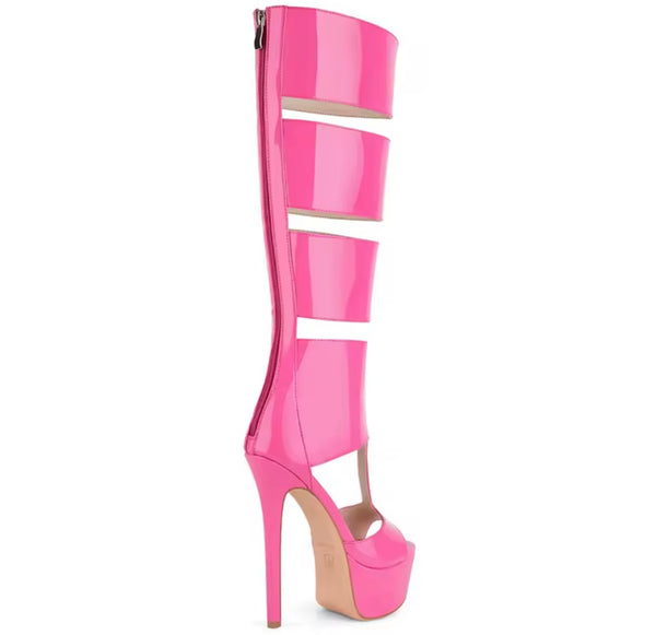 Women Fashion Color Open Toe Patent Leather Platform Knee High Sandals
