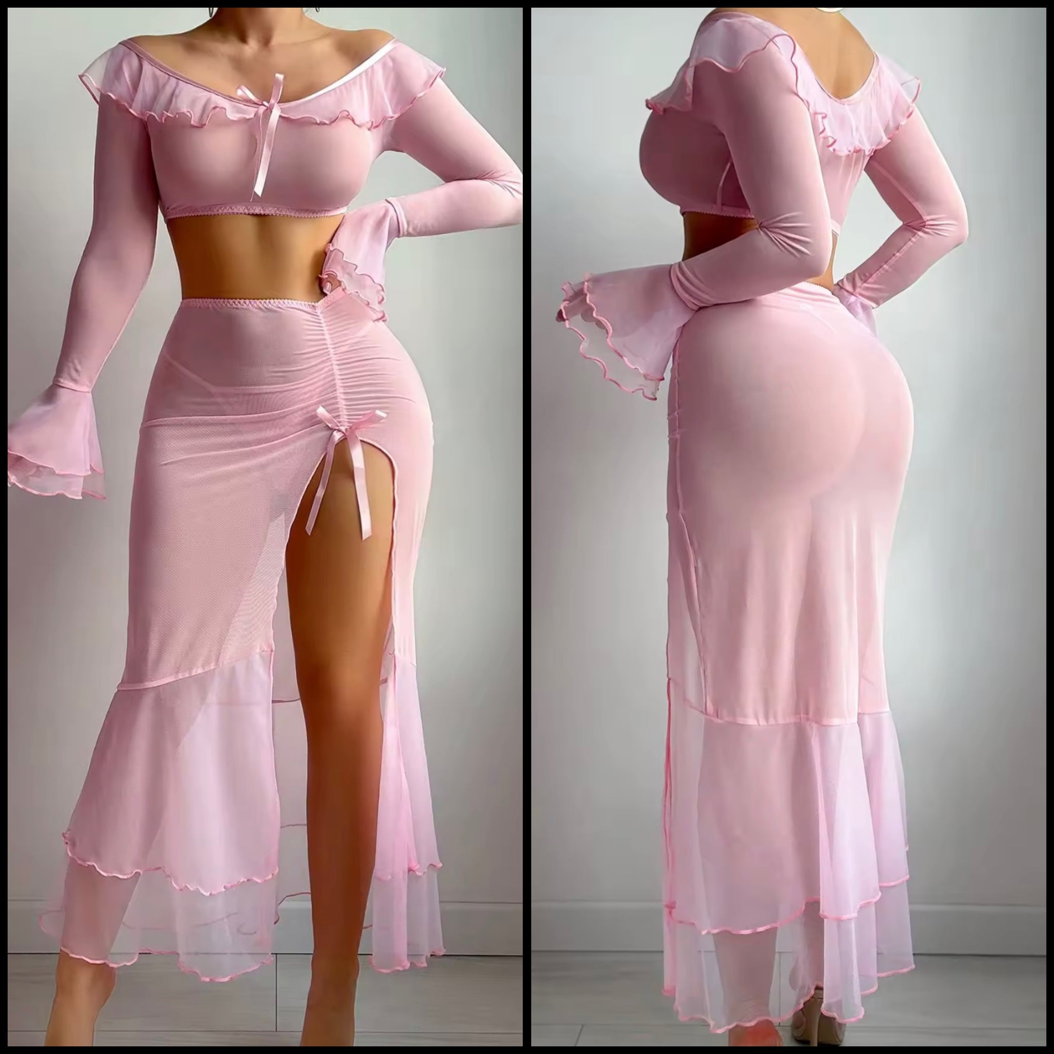 Women Sexy Off The Shoulder Pink Full Sleeve Mesh Lingerie Set