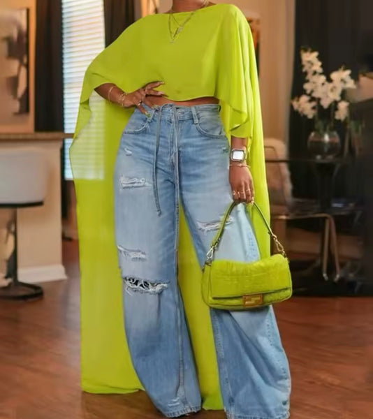Women Color Fashion Mesh Asymmetrical Top
