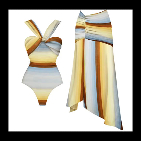 Women Halter Multicolored Striped Swimsuit Cover Up Set