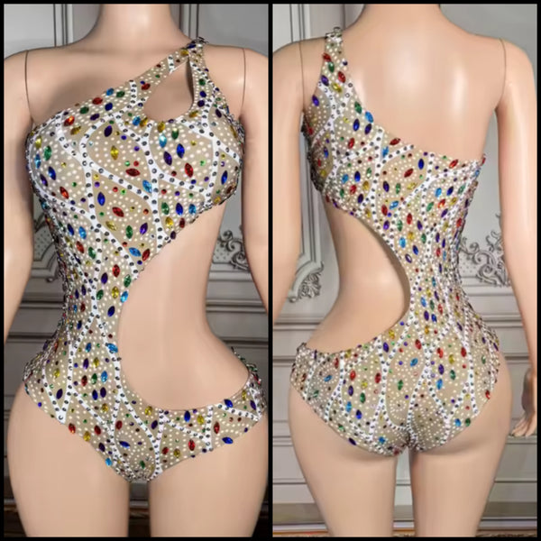 Women Sexy One Shoulder Color Rhinestone Swimsuit