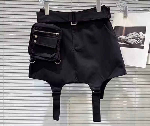 Women Black Fashion Pocket Belt Skirt