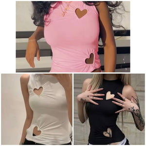 Women Sleeveless Color Heart Cut Out Fashion Top