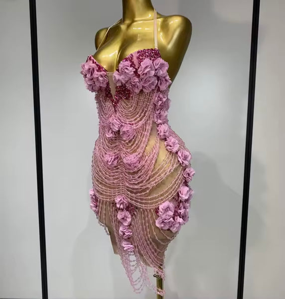 Women Sexy Pink Beaded Floral Rhinestone Halter Dress