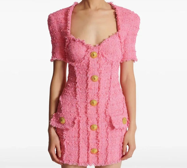 Women Sexy Pink Button Up Short Sleeve Tweed Dress