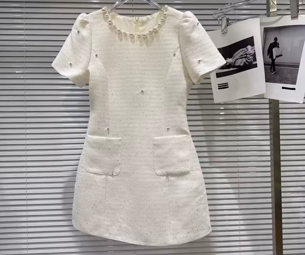 Women Pearl Rhinestone Short Sleeve Tweed Dress