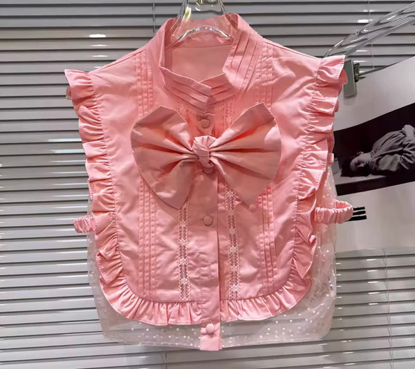 Women Ruffled Bow Button Up Sleeveless Top