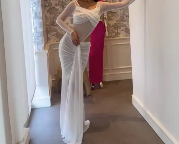 Women Sexy Solid Color Mesh Full Sleeve Bodysuit Two Piece Maxi Skirt Set