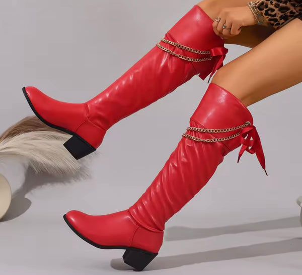 Women Fashion Red Chain Faux Leather Knee High Boots
