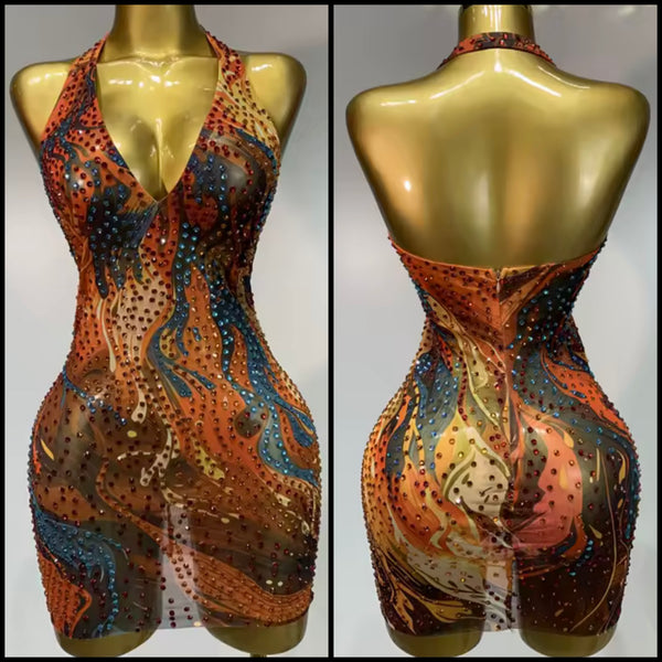 Women Multicolored Rhinestone Halter Sleeveless Mesh Dress