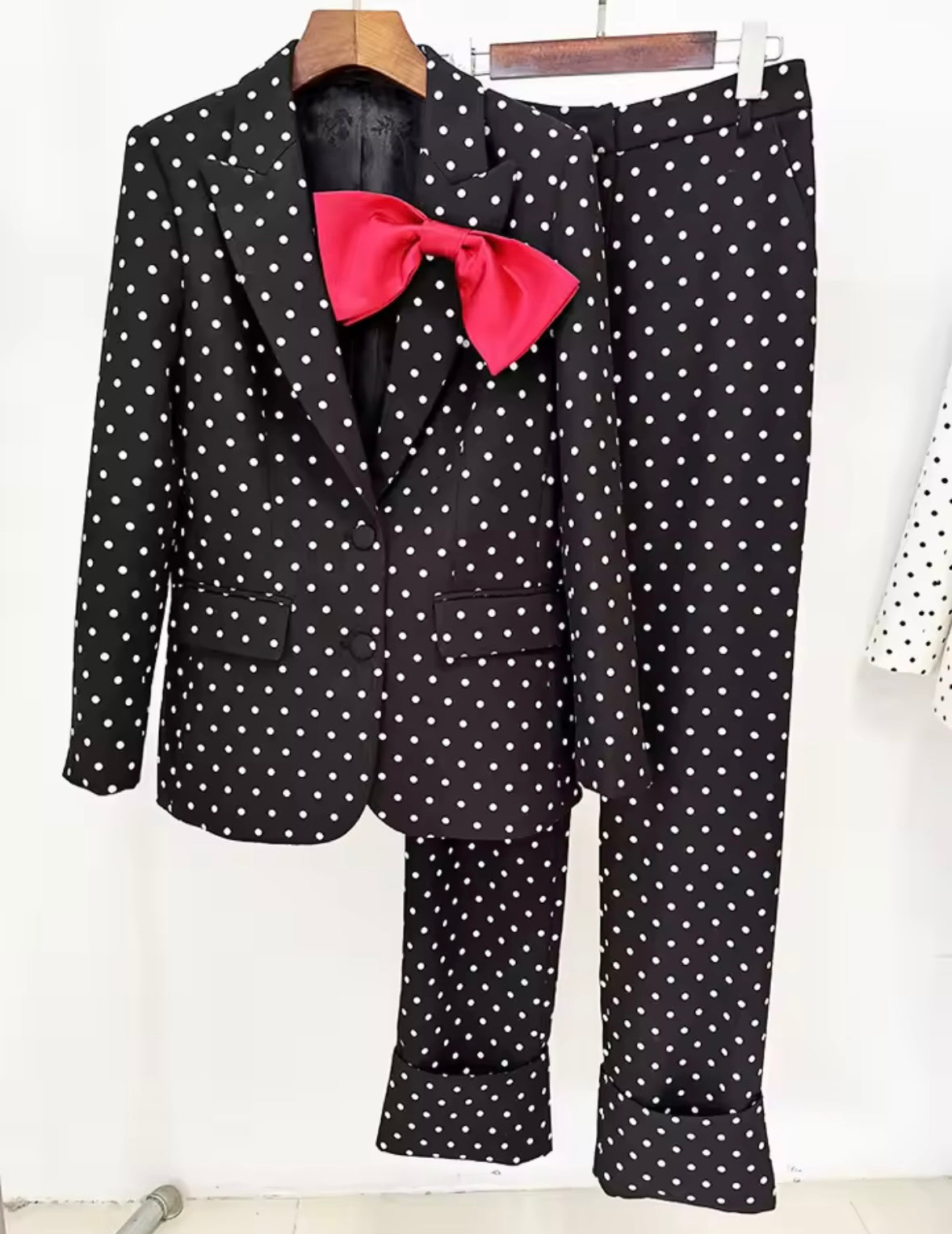 Women Fashion Bow Button Up Polka Dot Blazer Two Piece Pant Set