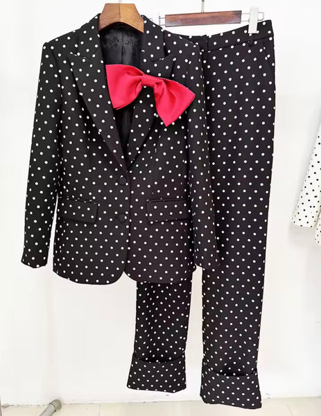 Women Fashion Bow Button Up Polka Dot Blazer Two Piece Pant Set