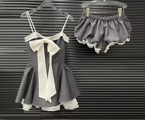 Women Sleeveless Bow Color Patchwork Two Piece Short Set