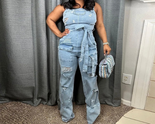 Women Fashion Sleeveless Ripped Denim Jumpsuit