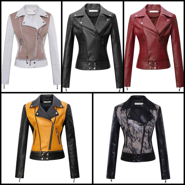 Women Fashion Color Patchwork Faux Leather Jacket