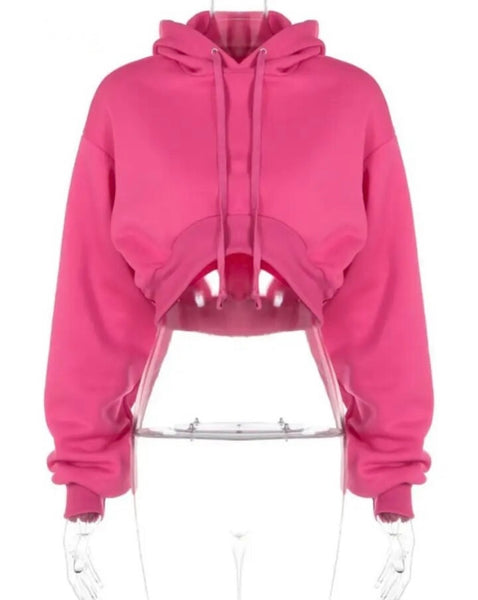 Women Pink Full Sleeve Hooded Crop Sweater Top