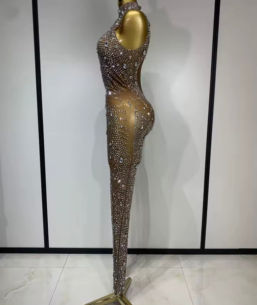 Women Sleeveless Rhinestone Crystal Mesh Sexy Jumpsuit