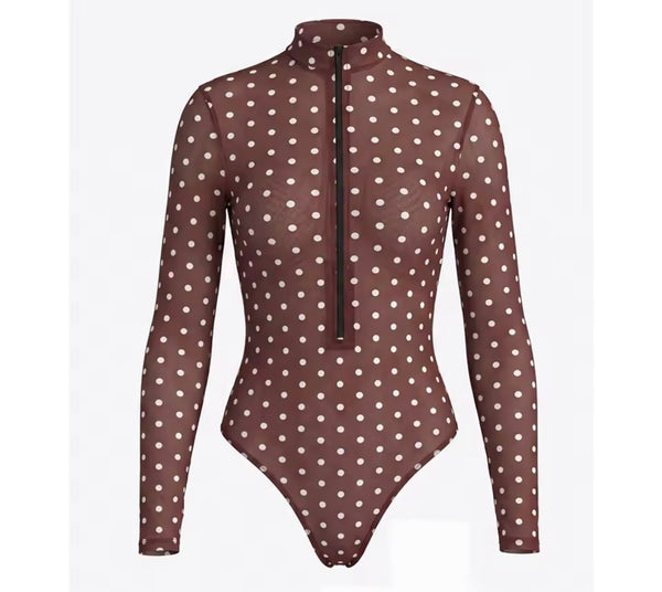 Women Brown Zip Up Full Sleeve Polka Dot Swimsuit Cover Up Set