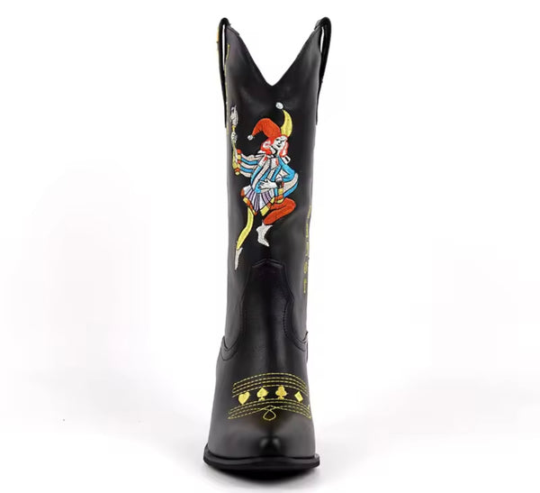 Women Fashion Black Joker Print Western Boots