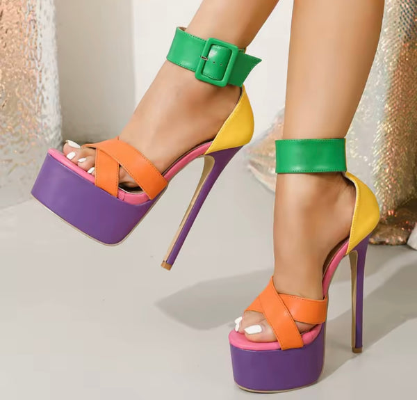 Women Color Patchwork Platform Ankle Strap High Heel Sandals