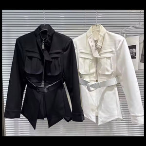 Women Fashion Buckled Pocket Cut Out Back Trench Jacket