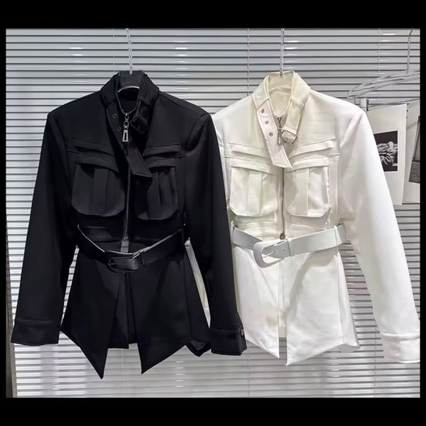 Women Fashion Buckled Pocket Cut Out Back Trench Jacket