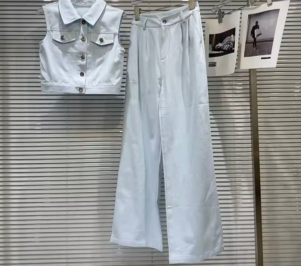Women Fashion Sleeveless Button Up Vest Two Piece Pant Set