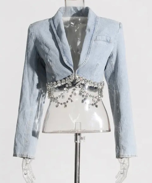 Women Full Sleeve Denim Rhinestone Blazer Two Piece Skirt Set