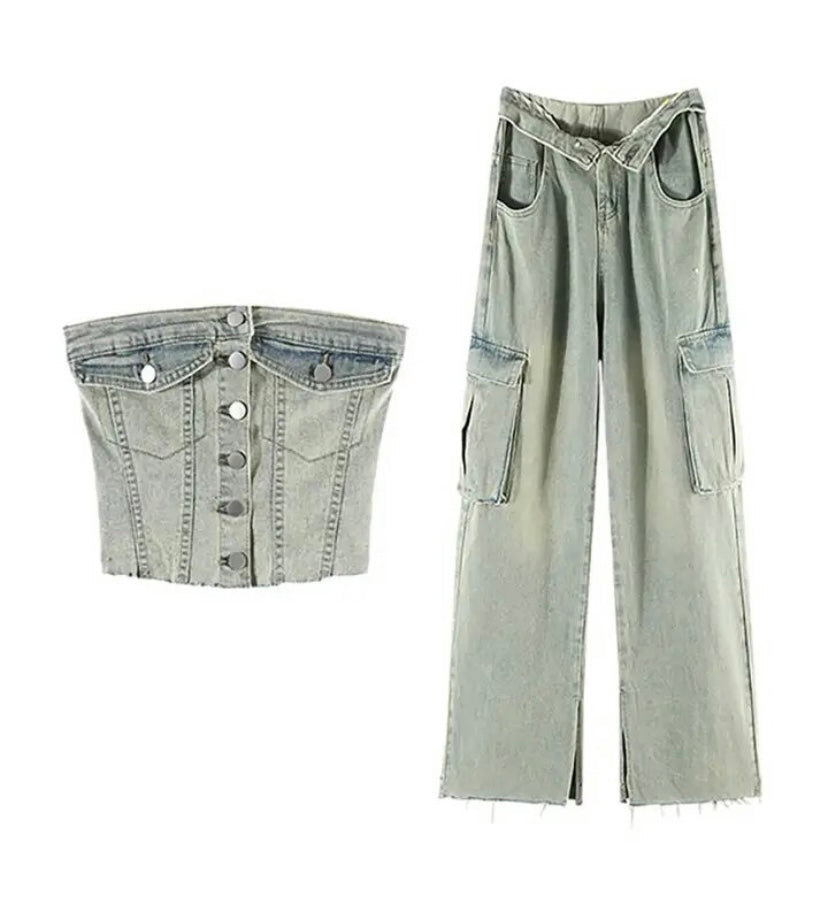 Women Fashion Button Up Strapless Two Piece Denim Pant Set