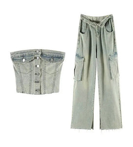 Women Fashion Button Up Strapless Two Piece Denim Pant Set