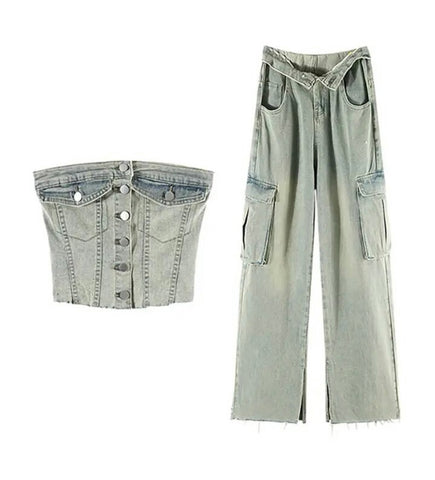 Women Fashion Button Up Strapless Two Piece Denim Pant Set